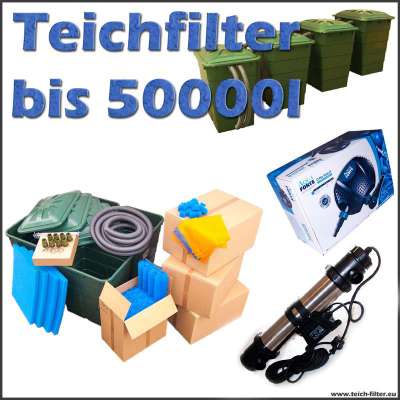 Teichfilter Komplettset 50000 mit Eco O Plus 12V 6500 Teichpumpe für Schwimmteich und Sera Pond 55X UVC Lampe mit 55 Watt Leistung