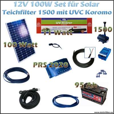 100W 12V Set für Solar Teichfilter mit Teichpumpe und UV 1500 Koromo bis 15000 Liter
