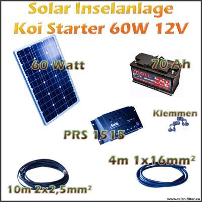 Solar Inselanlage 60W 12V Koi Starter für Teich und Gartenhaus als Komplettset