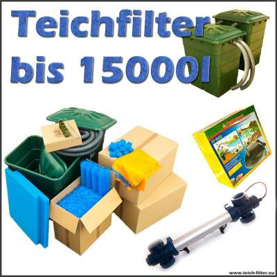 Teichfilter Set bis 15000 Liter Wasser komplett mit Filtermaterial, Regentonne, Anschlüssen, Sera PP 6000 Teichpumpe und 40 Watt UVC Lampe von Van Gerven