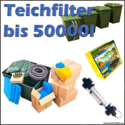 Teichfilter Komplettset bis 50000 Liter Wasser mit 4 Regentonnen, Filtermaterial, Anschlüsse, Filterpumpe Sera PP 6000 und 40 Watt UVC Klärer Van Gerven für Koi