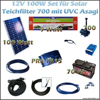 100W 12V Set für Solar Teichfilter mit Teichpumpe und UV 700 Asagi bis 5000 Liter