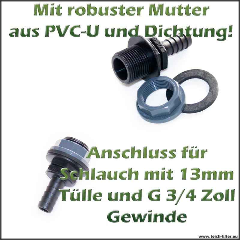 Schlauchanschluss 13 mm x G 3/4 Zoll AG gerade Teichfilter