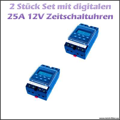 2 Stück Set Zeitschaltuhren 12V 25A für Hutschiene und Aufputz digital programmierbar