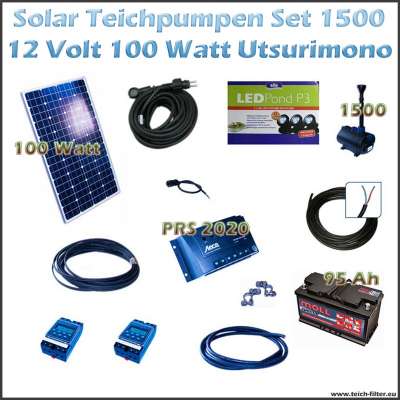 100W 12V Solar Teichpumpe mit Akku und LED Teichbeleuchtung 1500 Utsurimono