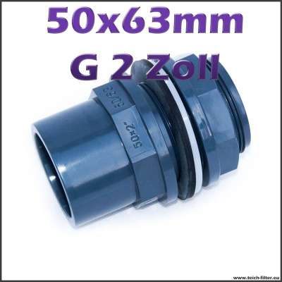 Tankdurchführung 50 x 63 mm mit G 2 Zoll Gewinde als Anschluss für Teichfilter