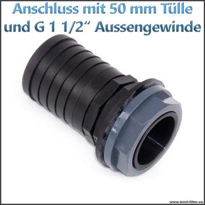 Anschluss gerade mit 50mm Schlauchtülle und G 1 1/2 Zoll Aussengewinde mit Dichtung und Kontermutter